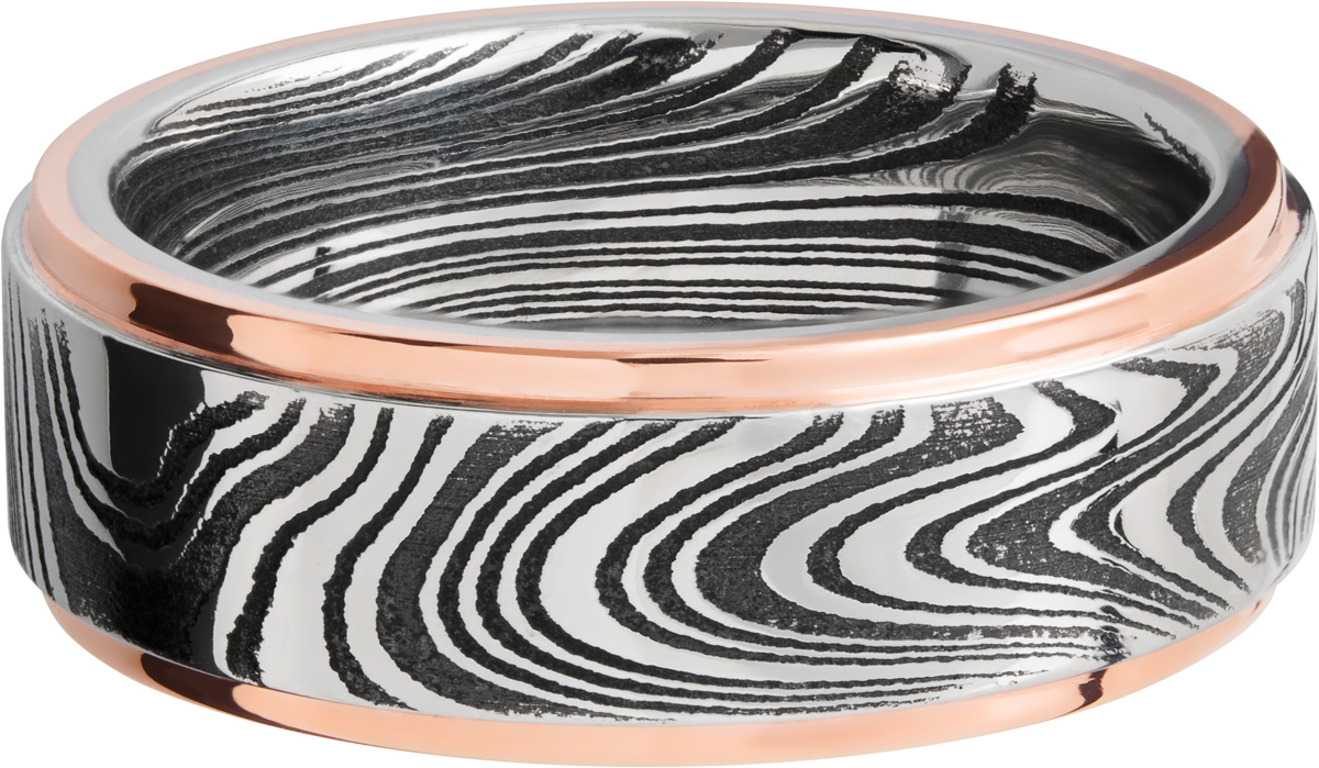 handmade 8mm marble damascus steel flat band with 14k rose gold grooved edges