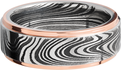 Handmade 8mm marble Damascus steel flat band with 14K rose gold grooved edges