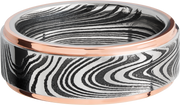 Handmade 8mm marble Damascus steel flat band with 14K rose gold grooved edges