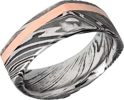 Handmade 8mm woodgrain Damascus steel square band with an inlay of 14K rose gold