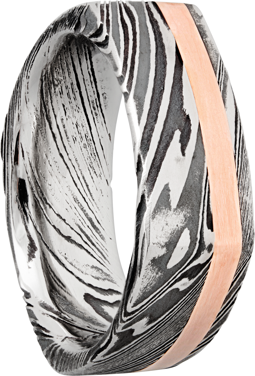 handmade 8mm woodgrain damascus steel square band with an inlay of 14k rose gold