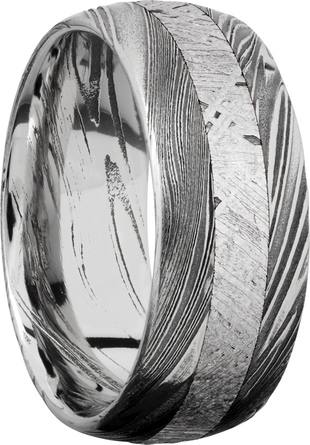 Handmade 9mm Woodgrain Damascus steel band with an inlay of authentic Gibeon Meteorite