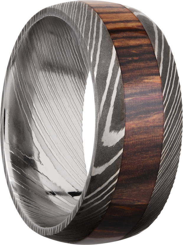 Handmade 9mm Damascus steel band with an inlay of exotic Natcoco hardwood