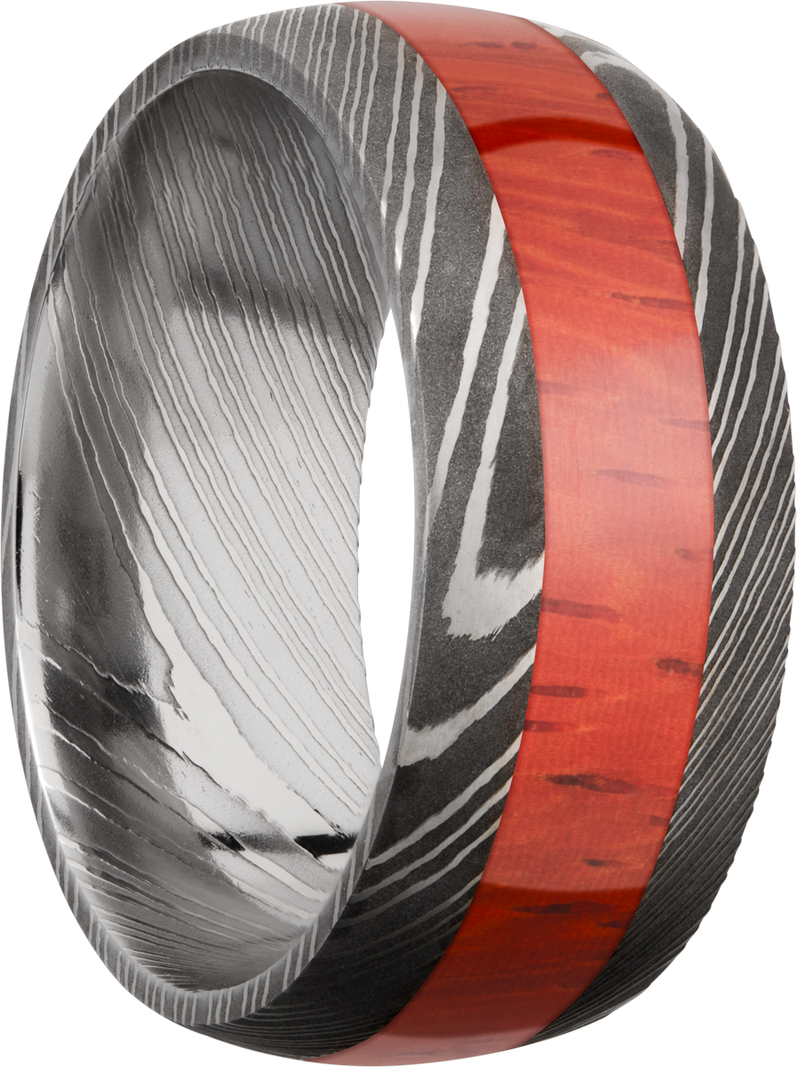 handmade 9mm damascus steel band with an inlay of exotic padauk hardwood