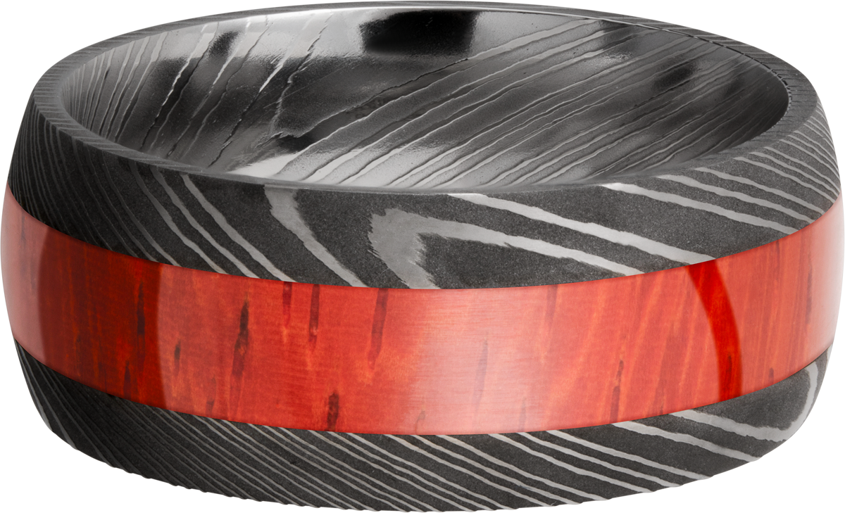 handmade 9mm damascus steel band with an inlay of exotic padauk hardwood