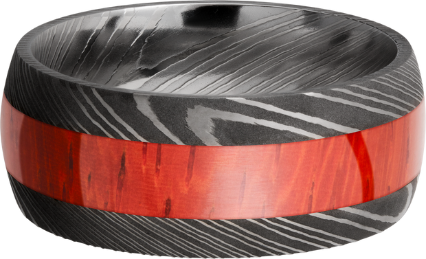 Handmade 9mm Damascus steel band with an inlay of exotic Padauk hardwood