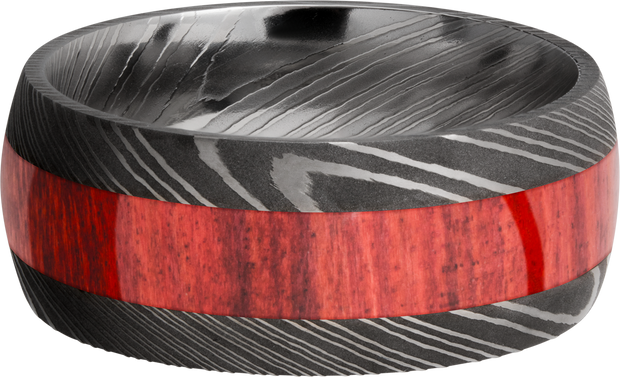 Handmade 9mm Damascus steel band with an inlay of exotic Honduras Redheart hardwood