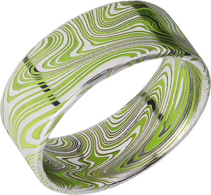 Marble Damascus steel 9mm flat band with slightly rounded edges and Zombie Green Cerakote in the recessed pattern