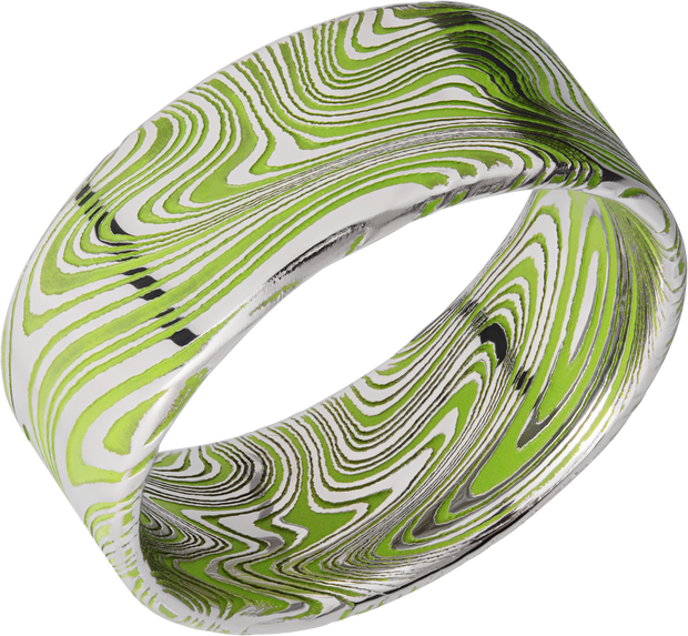 Marble Damascus steel 9mm flat band with slightly rounded edges and Zombie Green Cerakote in the recessed pattern
