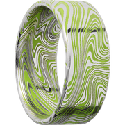 Marble Damascus steel 9mm flat band with slightly rounded edges and Zombie Green Cerakote in the recessed pattern