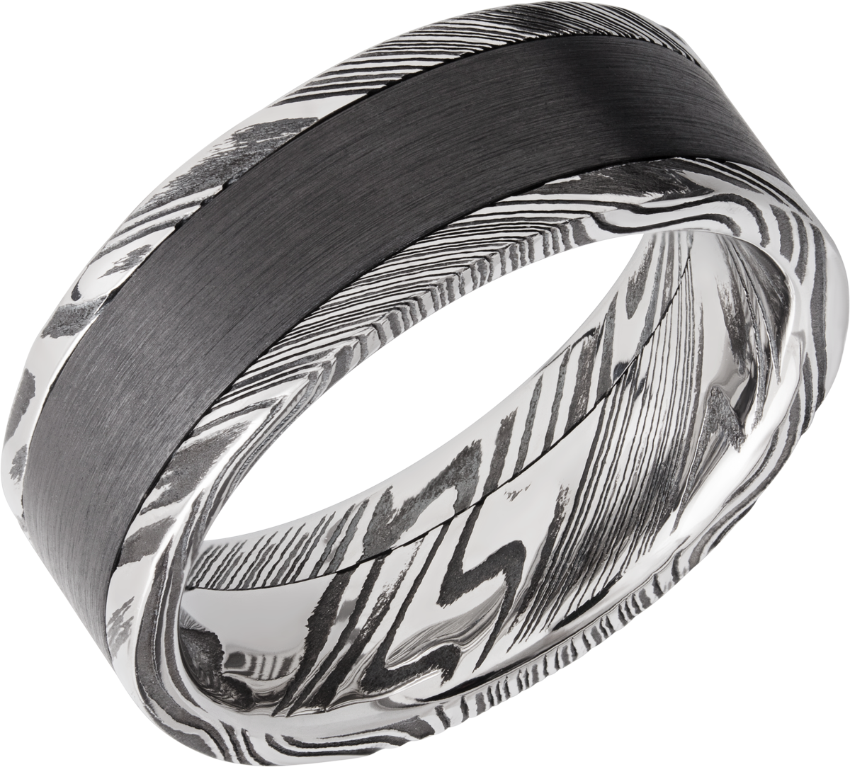 handmade 8mm  handmade woodgrain damascus steel flat band with an inlay of black zirconium