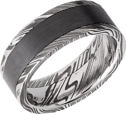 Handmade 8mm  handmade woodgrain Damascus steel flat band with an inlay of black Zirconium