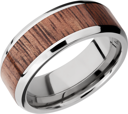 Titanium 8mm beveled band with an inlay of Koa hardwood