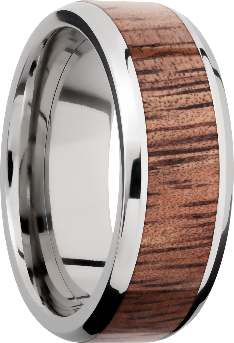 titanium 8mm beveled band with an inlay of koa hardwood