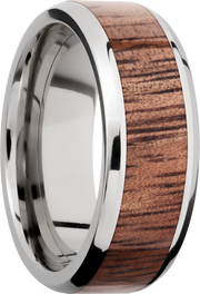 Titanium 8mm beveled band with an inlay of Koa hardwood