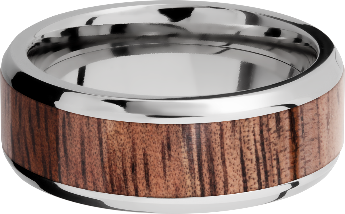 titanium 8mm beveled band with an inlay of koa hardwood