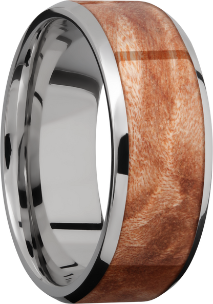 Titanium 8mm beveled band with an inlay of Mapleburl hardwood