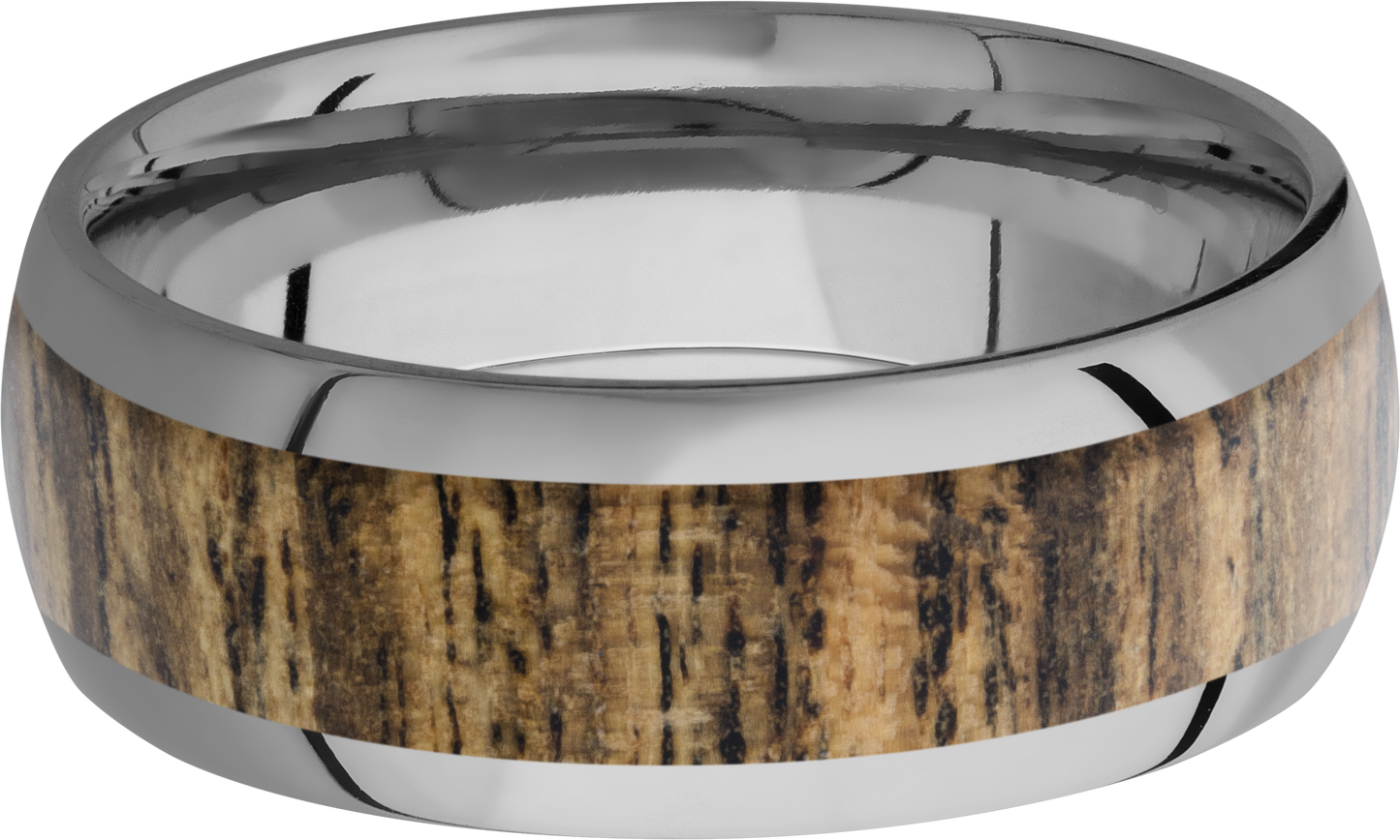 titanium 8mm domed band with an inlay of bocote hardwood