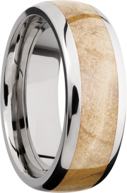 Titanium 8mm domed band with an inlay of Boxelder Burl hardwood