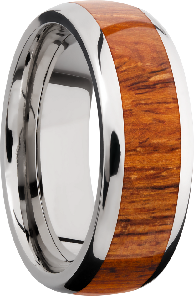 Titanium 8mm domed band with an inlay of Desert Ironwood hardwood
