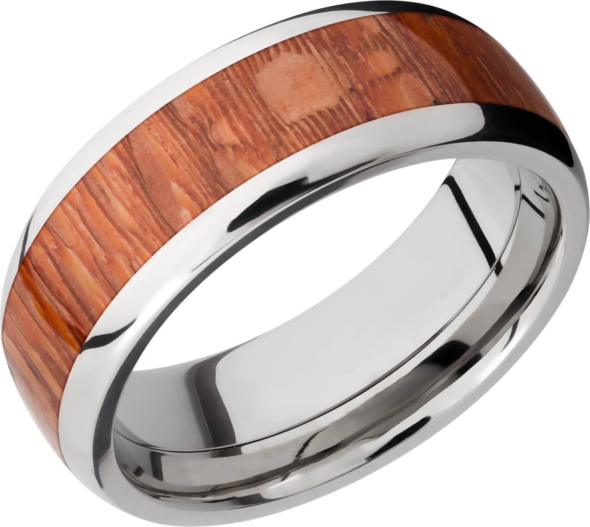 titanium 8mm domed band with an inlay of leopard hardwood