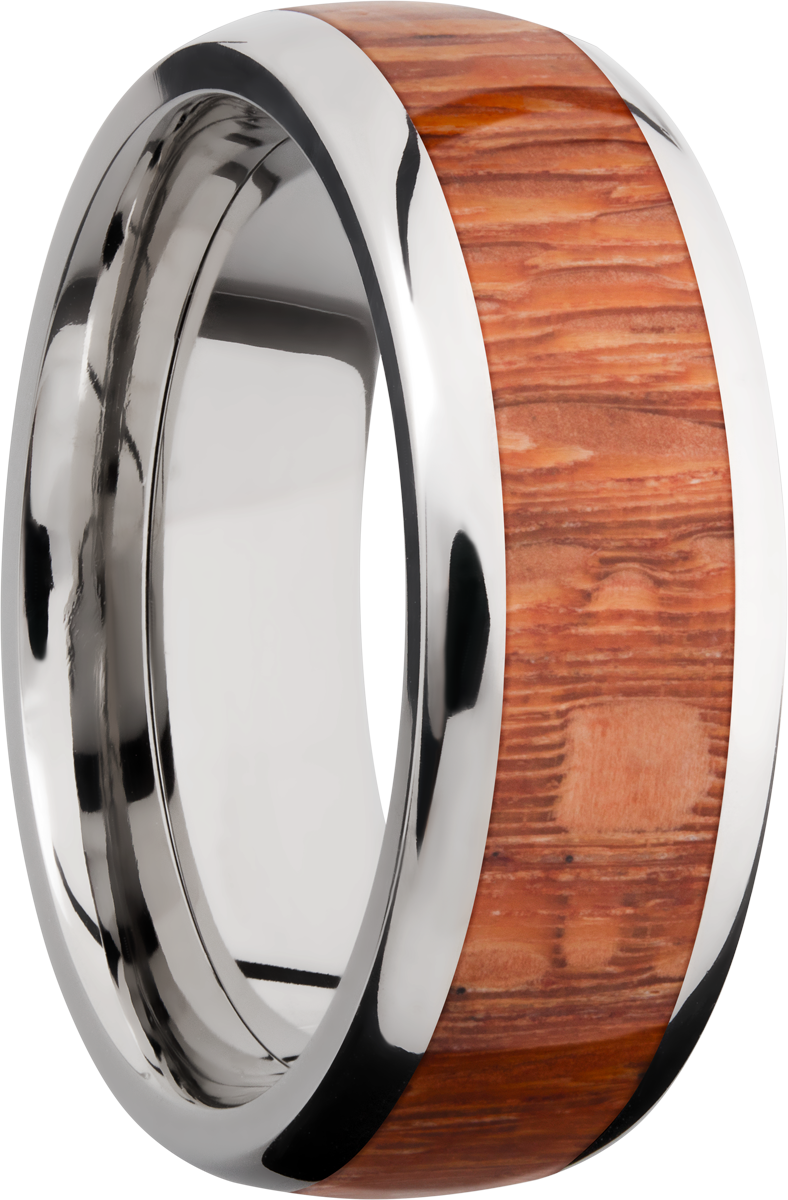 titanium 8mm domed band with an inlay of leopard hardwood