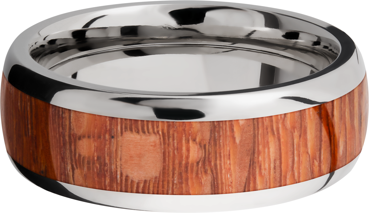 titanium 8mm domed band with an inlay of leopard hardwood