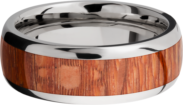 Titanium 8mm domed band with an inlay of Leopard hardwood