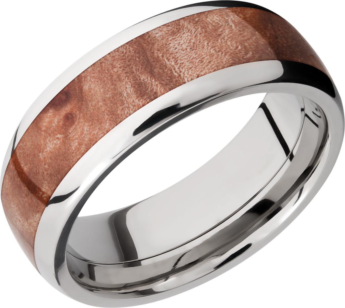 titanium 8mm domed band with an inlay of maple burl hardwood