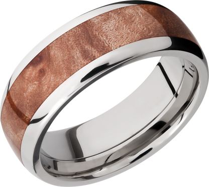 Titanium 8mm domed band with an inlay of Maple Burl hardwood