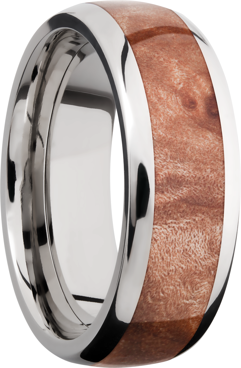 titanium 8mm domed band with an inlay of maple burl hardwood