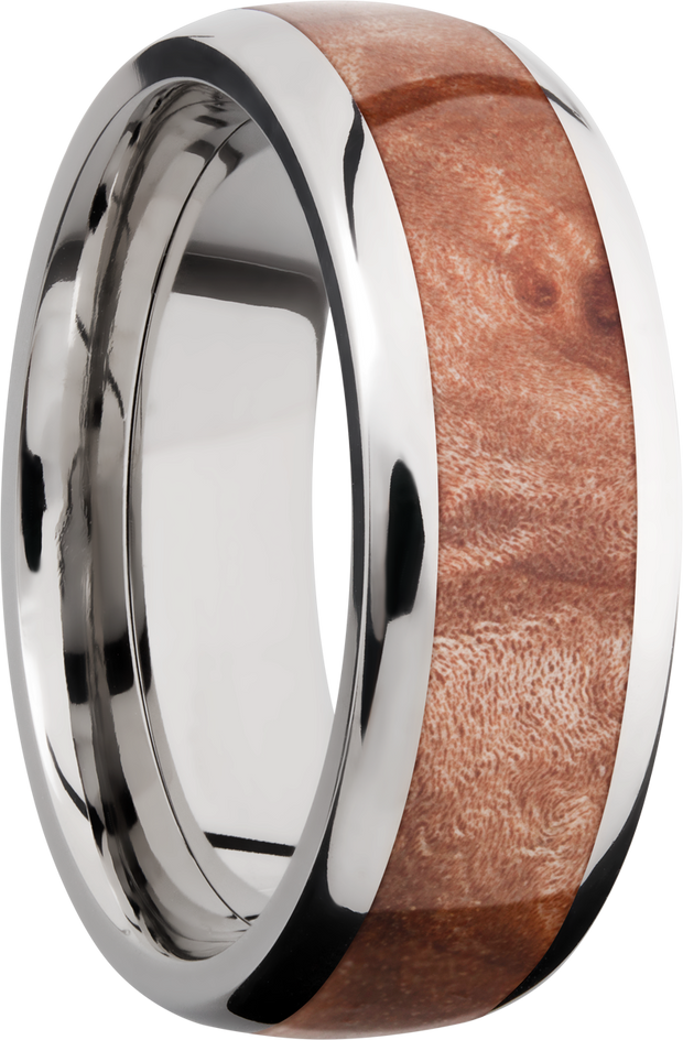 Titanium 8mm domed band with an inlay of Maple Burl hardwood