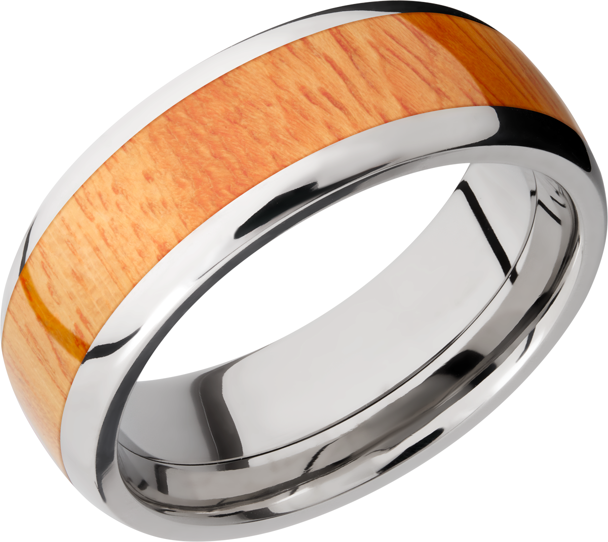 titanium 8mm domed band with an inlay of osage orange hardwood