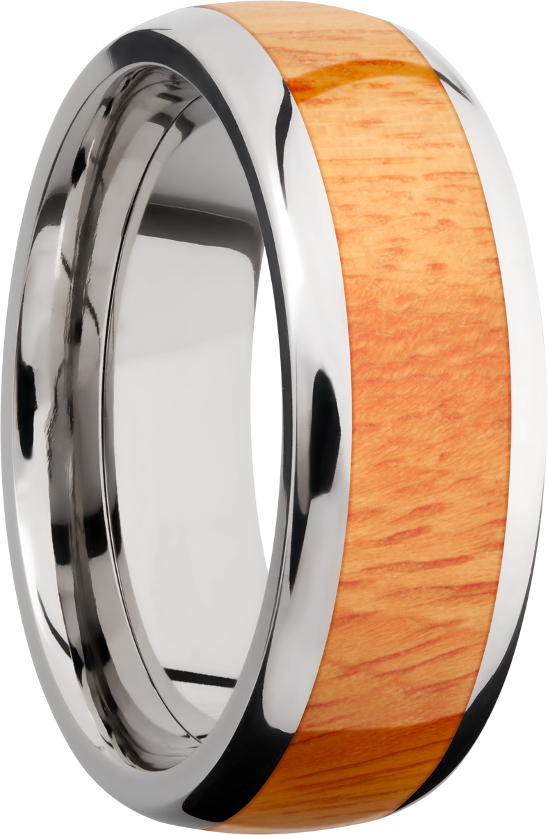 titanium 8mm domed band with an inlay of osage orange hardwood