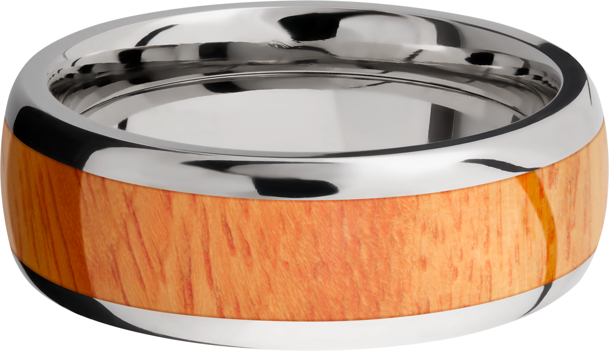 titanium 8mm domed band with an inlay of osage orange hardwood