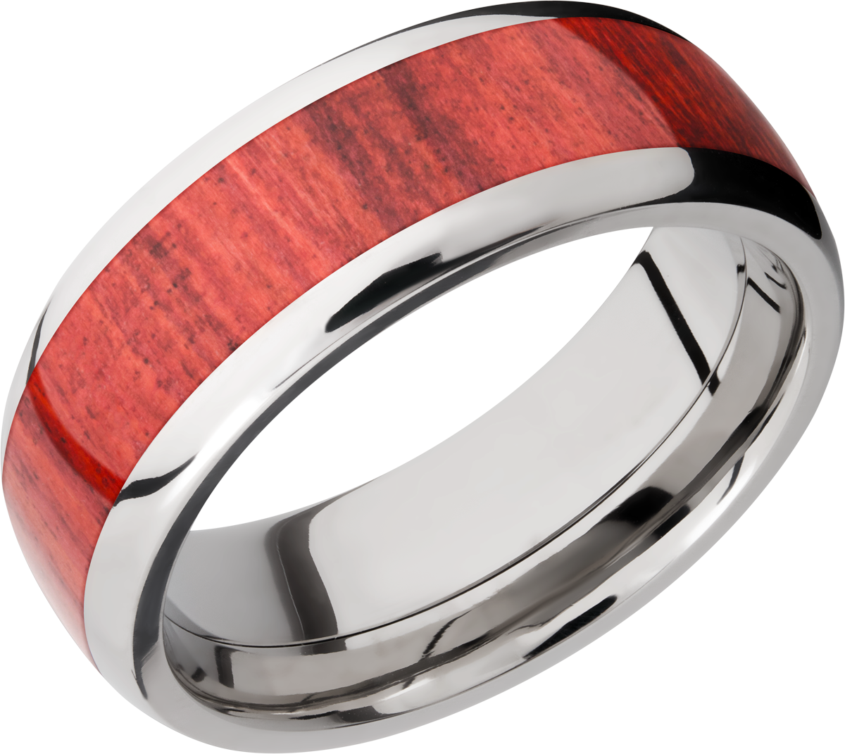 titanium 8mm domed band with an inlay of honduras redheart hardwood