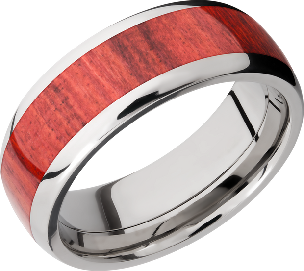 Titanium 8mm domed band with an inlay of Honduras Redheart hardwood