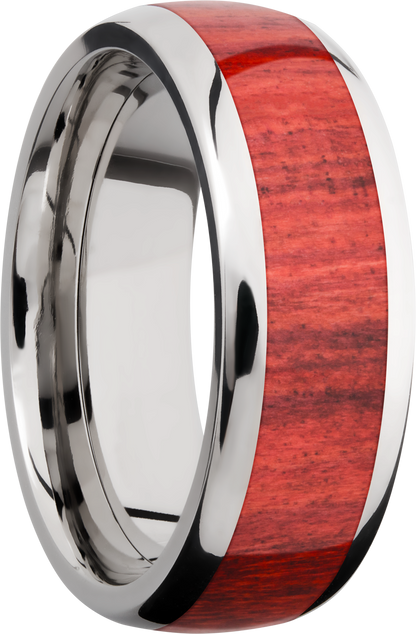 Titanium 8mm domed band with an inlay of Honduras Redheart hardwood