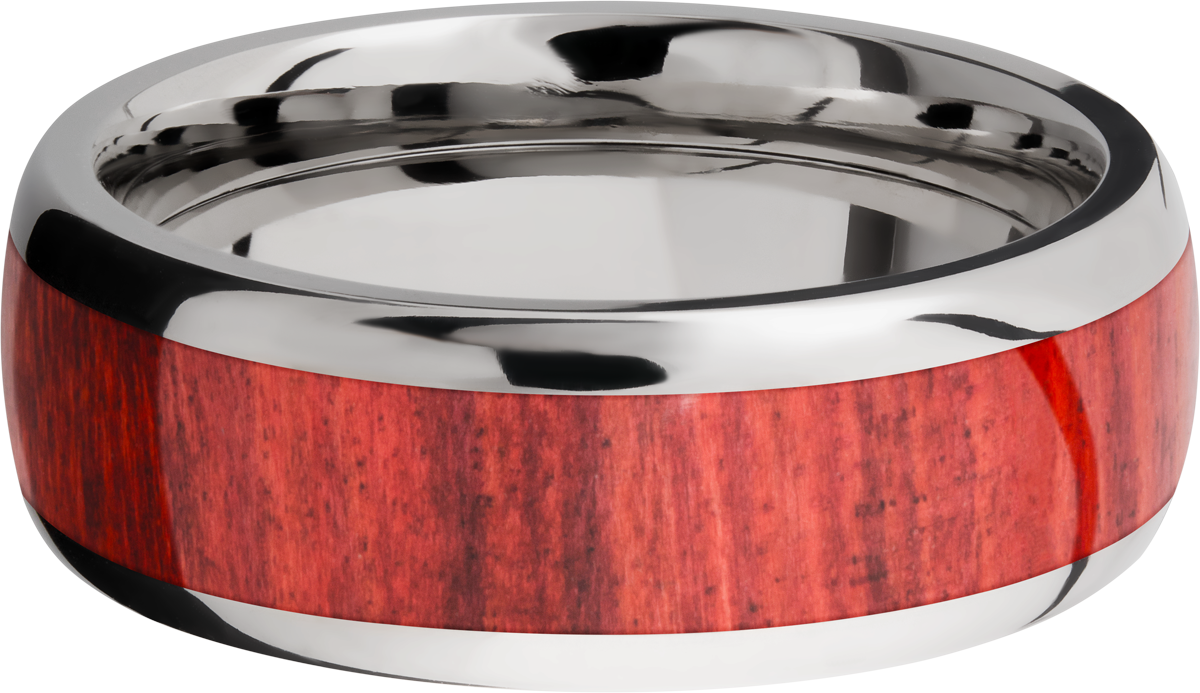 titanium 8mm domed band with an inlay of honduras redheart hardwood