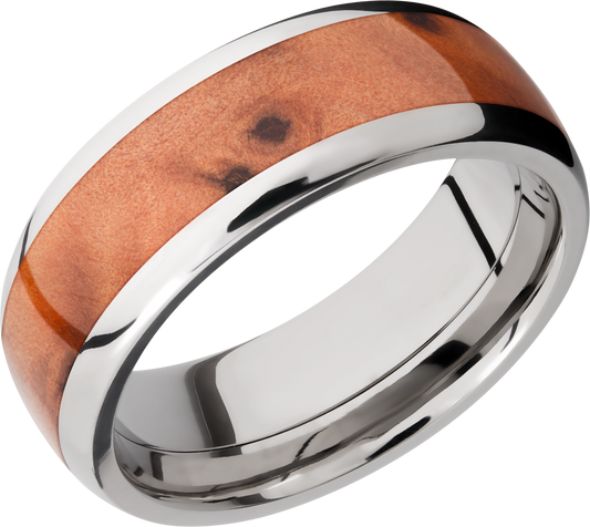 Titanium 8mm domed band with an inlay of Thuya Burl hardwood