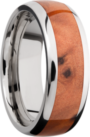 Titanium 8mm domed band with an inlay of Thuya Burl hardwood