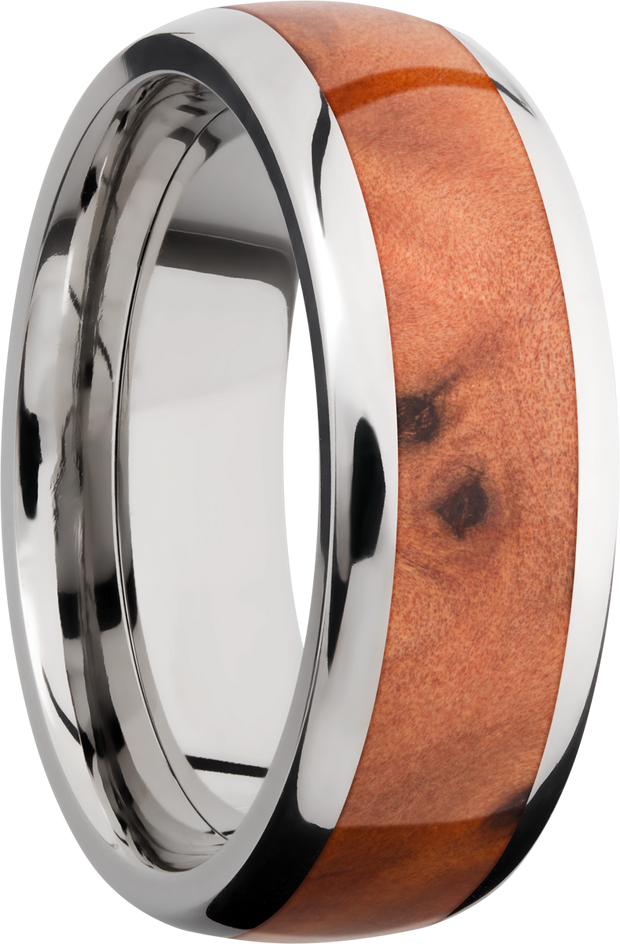 Titanium 8mm domed band with an inlay of Thuya Burl hardwood