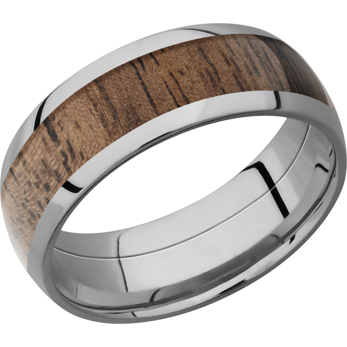 titanium 8mm domed band with an inlay of walnut hardwood