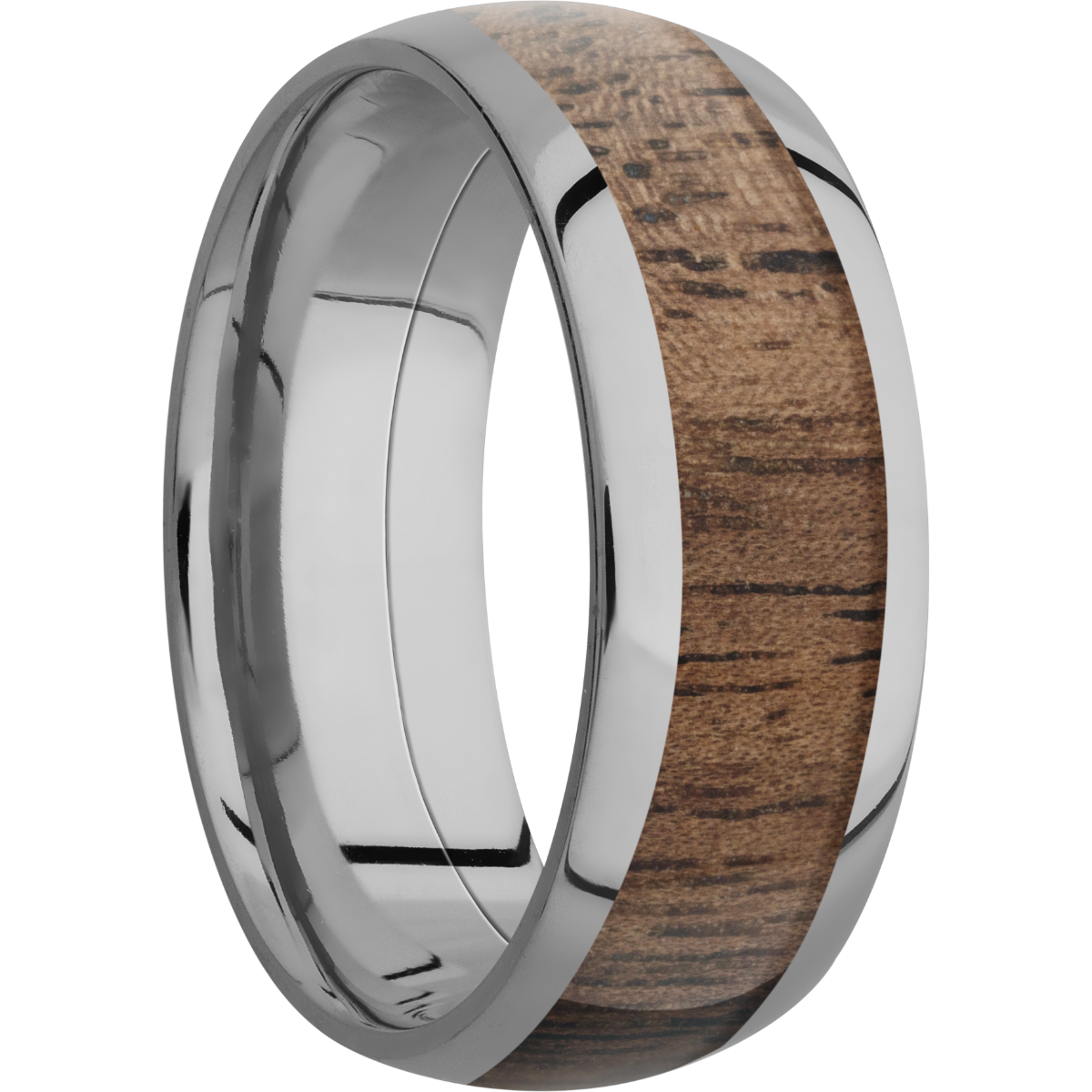 titanium 8mm domed band with an inlay of walnut hardwood