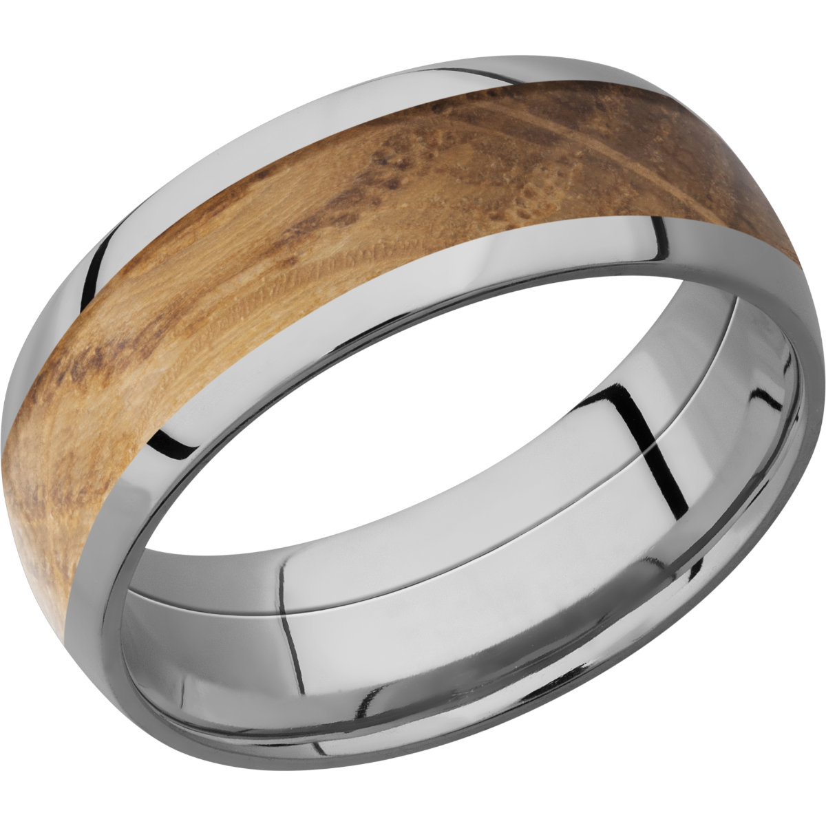 titanium 8mm domed band with an inlay of whiskey barrel hardwood