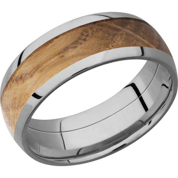 Titanium 8mm domed band with an inlay of Whiskey Barrel hardwood