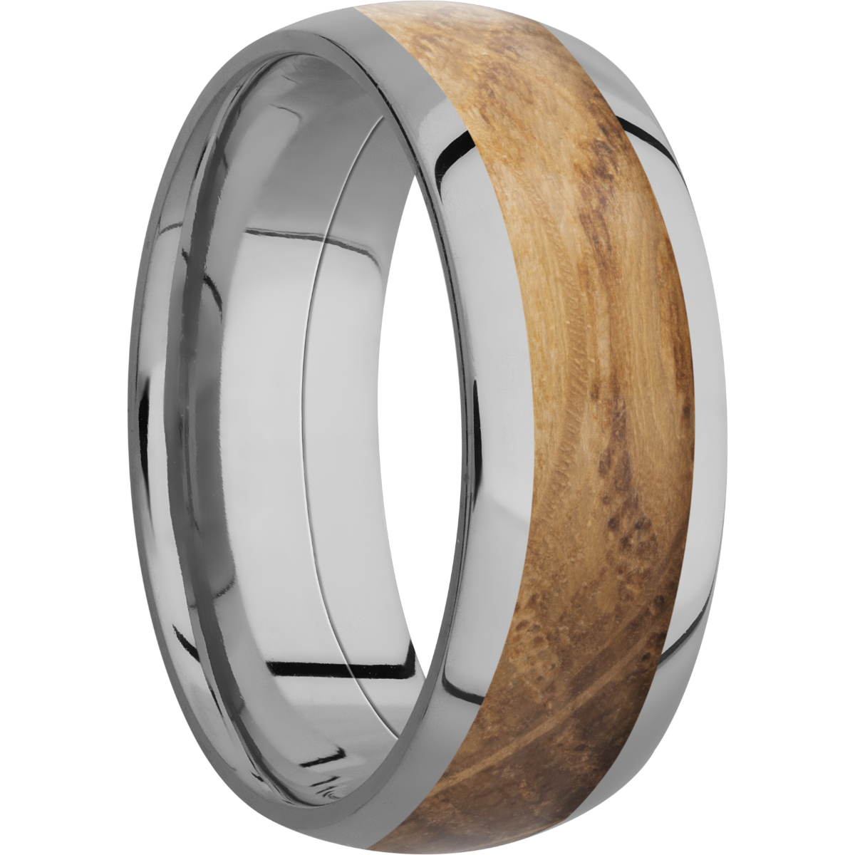 titanium 8mm domed band with an inlay of whiskey barrel hardwood