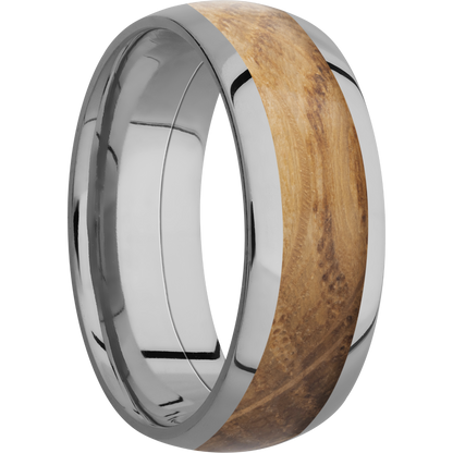 Titanium 8mm domed band with an inlay of Whiskey Barrel hardwood