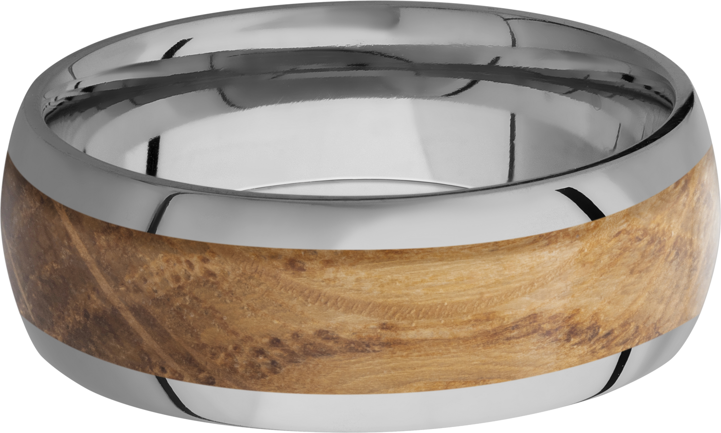 titanium 8mm domed band with an inlay of whiskey barrel hardwood