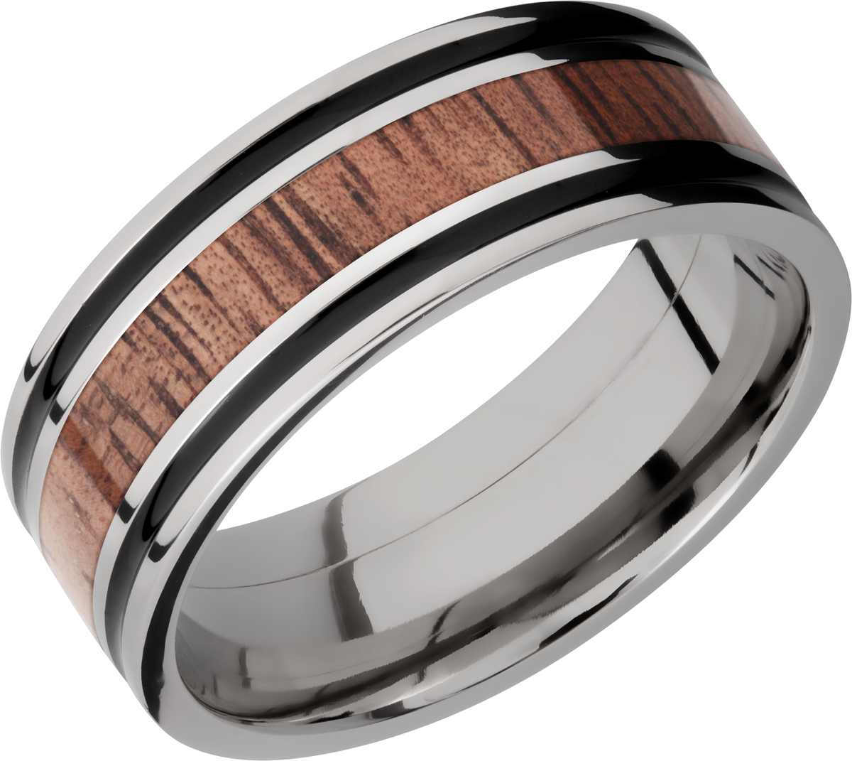 titanium 8mm flat band with antiquing on both sides of an koa hardwood inlay